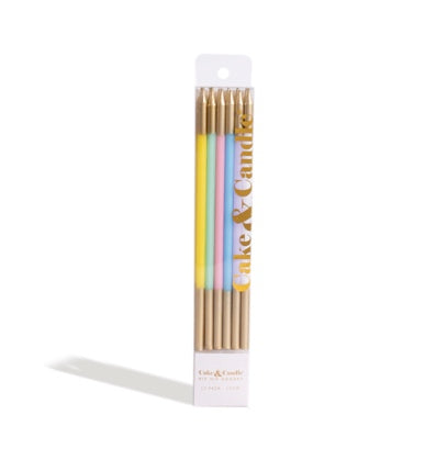 PASTEL MIX 15cm GOLD DOUBLE DIPPED Cake Candles (Pkt 12)