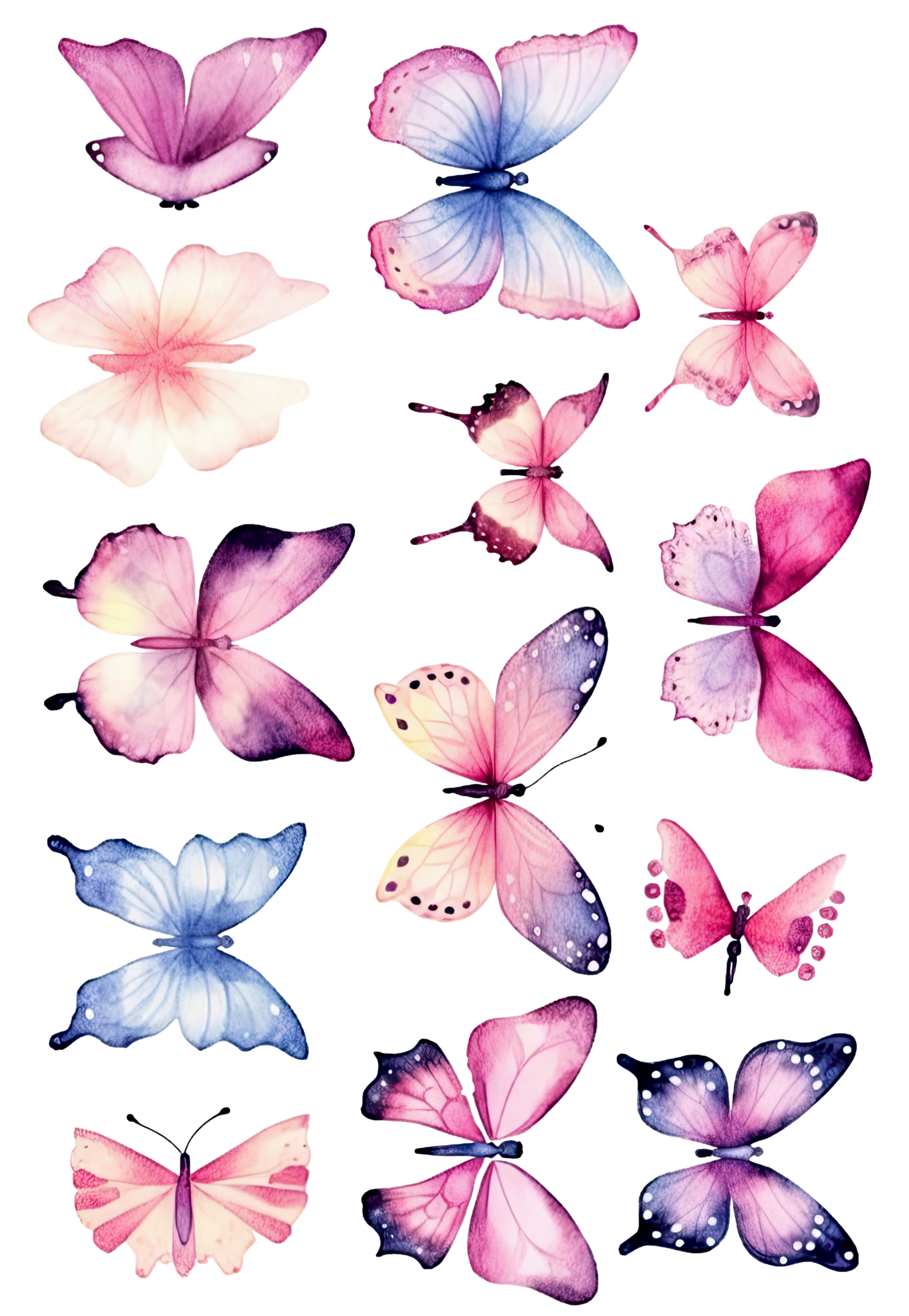 LARGE WATERCOLOUR BUTTERFLIES 13 PCE WAFER PAPER